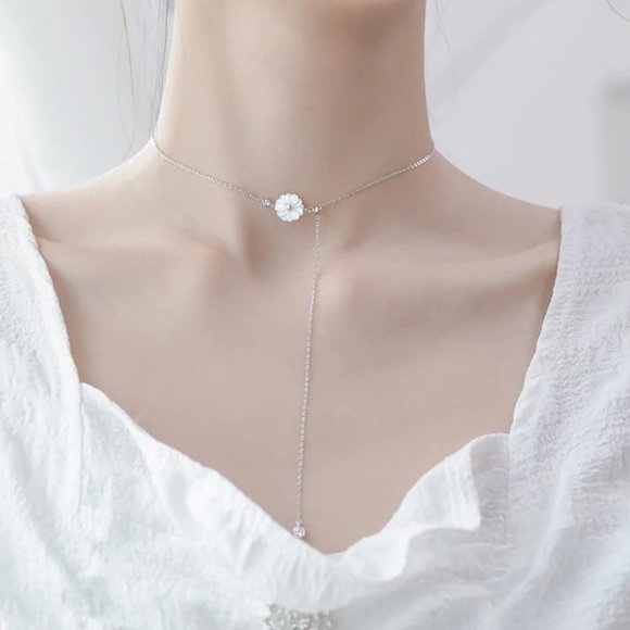 NEW 925 Silver Shell Daisy Diamond Drop Necklace - Picture 5 of 11